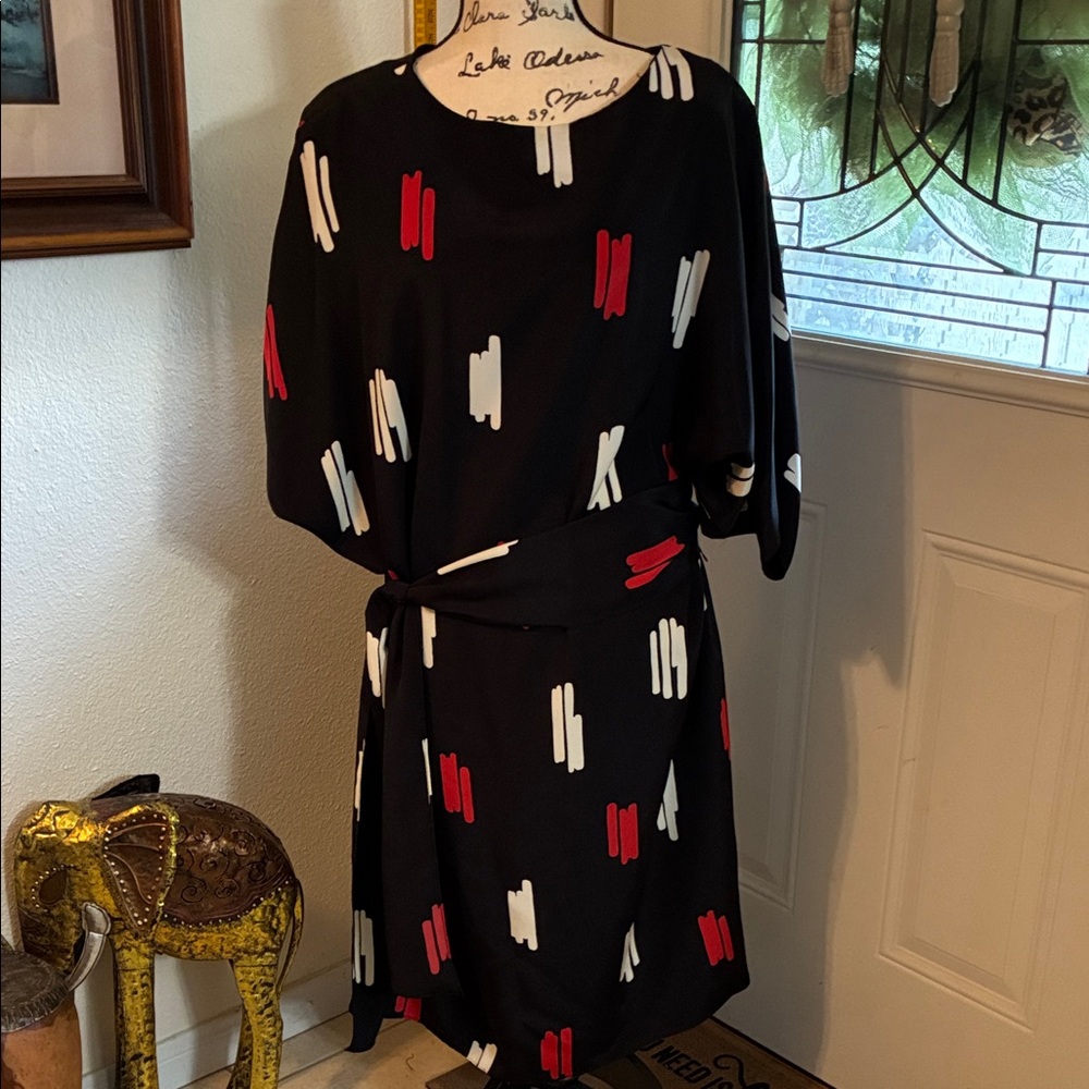 Black Dress with Red & White Pattern- removable dress tie, scarf